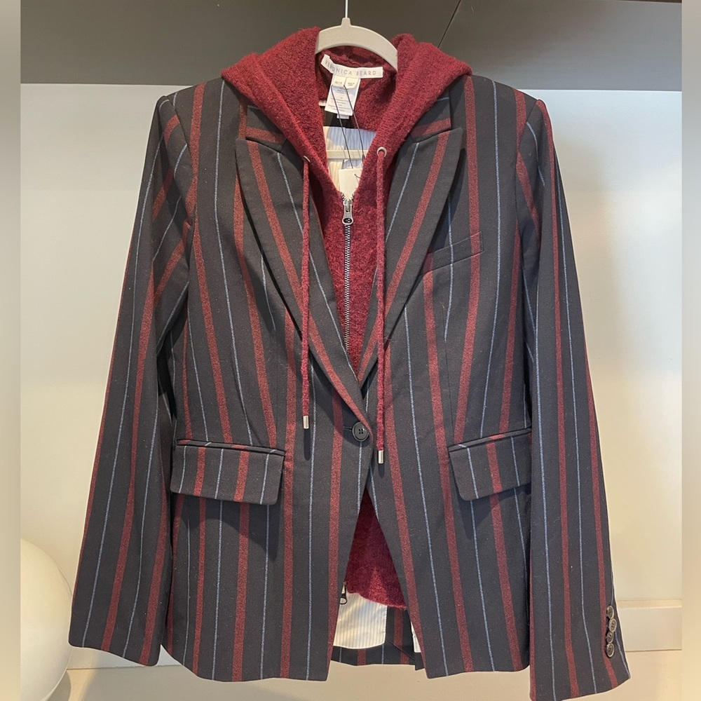 $698 Veronica Beard Carter Dickey jacket blazer navy merlot white stripe size 0 - Picture 7 of 16